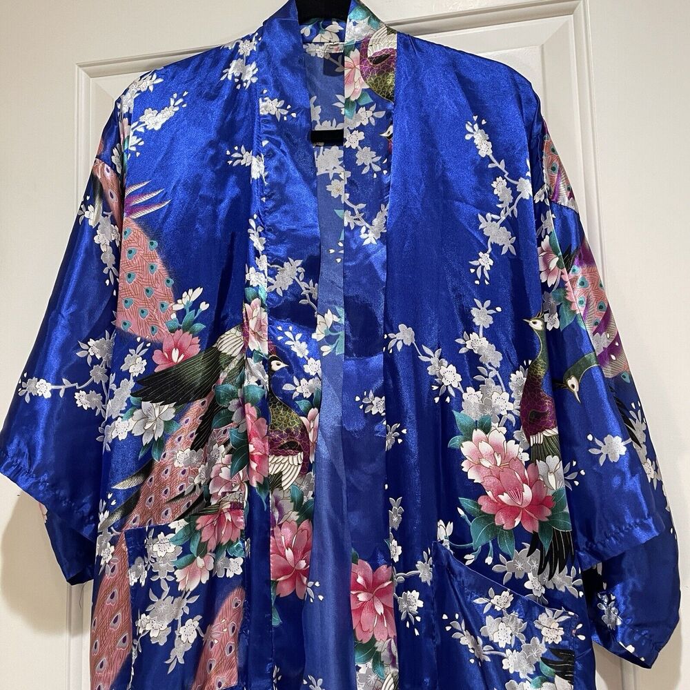 Lian Lin Kimono Robe Womens Size L Asian Oriental Geisha Vibe Royal Blue Belt